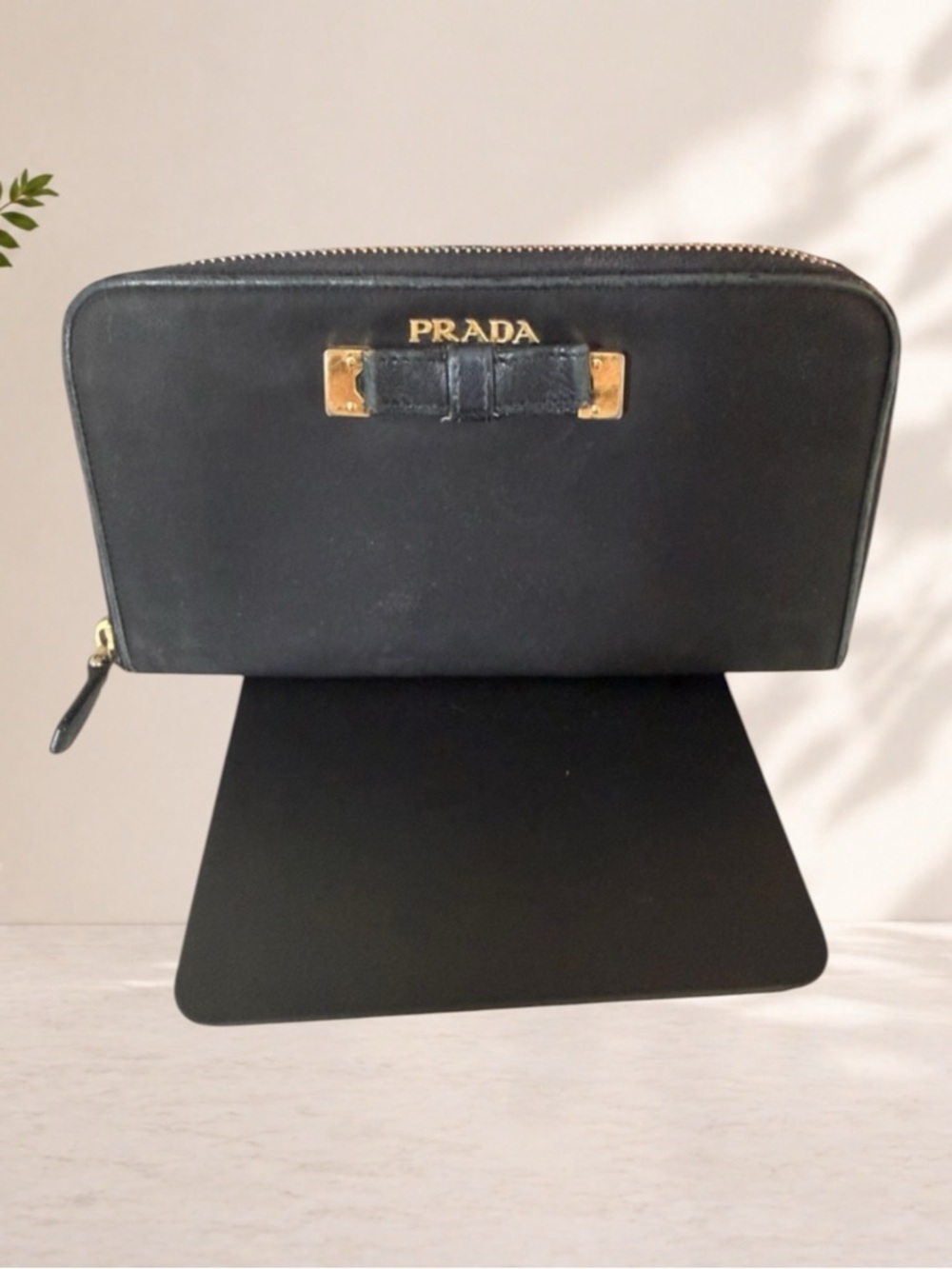 Authentic Prada Black Zip-Around Leather Wallet with Gold Hardware